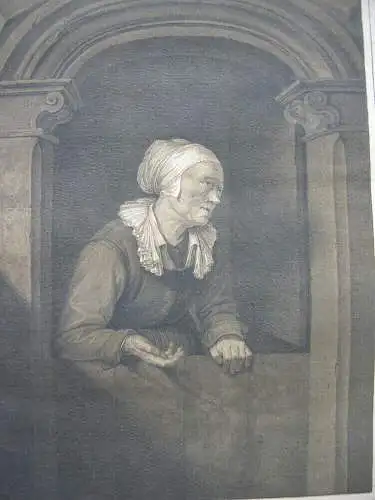 Franz Dahmen (1790-1865) Alte Frau an der Tür Inkunabel Lithografie 1820 G. Dou