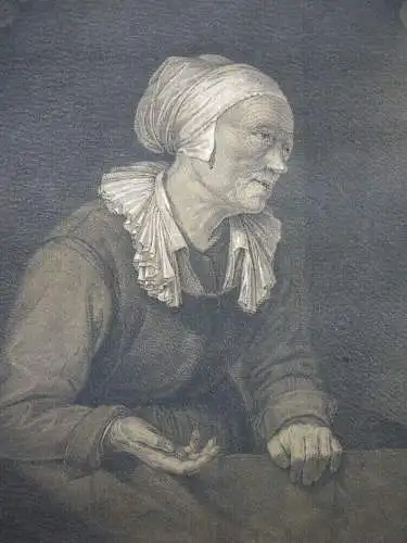 Franz Dahmen (1790-1865) Alte Frau an der Tür Inkunabel Lithografie 1820 G. Dou