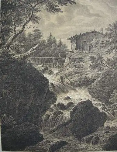 Johann Jak Dorner (1775-1852)  Wasserfall Holzbrücke Mühle Inkunabel Lithografie