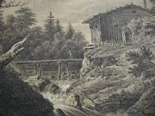 Johann Jak Dorner (1775-1852)  Wasserfall Holzbrücke Mühle Inkunabel Lithografie