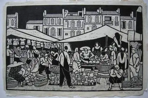 albert Heinzinger (1911-1992) Markt in Martigues Orig Holzschnitt signiert 1957