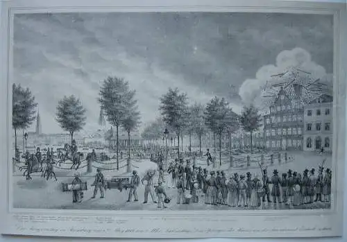 Hamburg Jungfernstieg Feuersbrunst Orig. Lithografie Peter Suhr 1842 