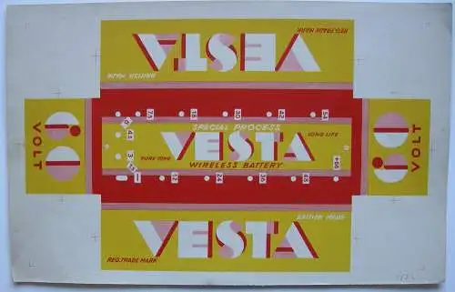 VESTA Wireless Battery Verpackung Probedruck 1930 Reklame Publicity Lithografie