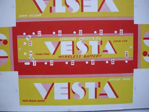 VESTA Wireless Battery Verpackung Probedruck 1930 Reklame Publicity Lithografie