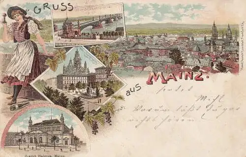 AK Mainz Stadthalle Gutenberg Dom BrückePfälzerin Litho gel 1900 Rheinland Pfalz