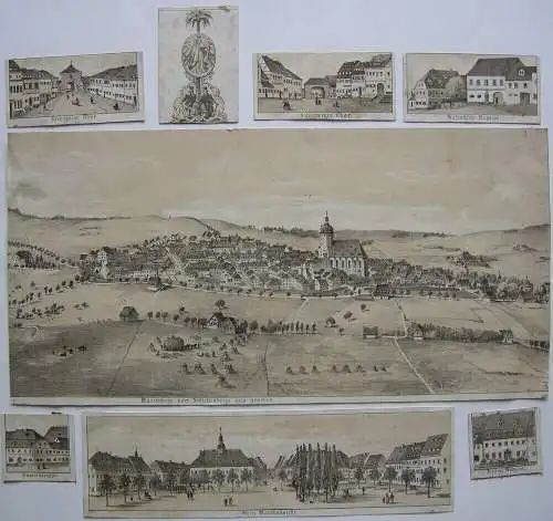 Marienberg Sachsen Erzgebirge Souvenirblatt Lithografie 1850 Gesamt- Detailans