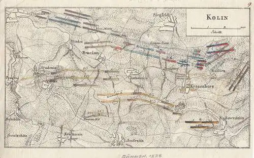 Kolin Böhmen Cesky Siebenjähriger Krieg kolor Orig Kupferstichkarte 1838