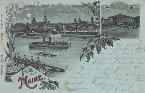 Ak Mainz Gesamtansicht Theater Mondscheinkarte Litho gel 1898 Rheinland