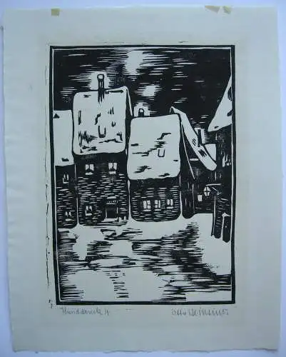 O Heinsius ((1892-1976)  Verschneite Dorfpartie Orig Linolschnitt 1930 signiert 