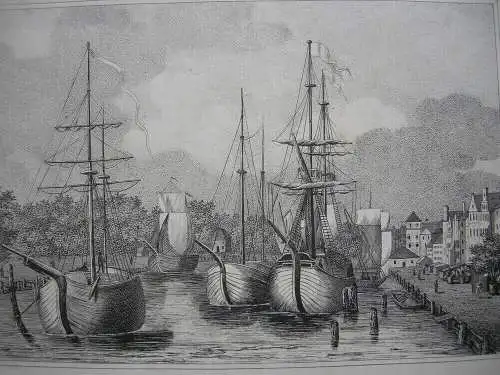 Trave bei Lübeck Schleswig Holstein Orig Lithografie 1842 Schiffahrt