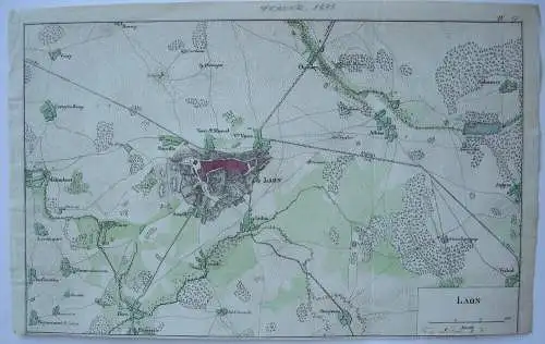 Laon France Frankreich Aisne kolor Orig Kupferstichkarte 1838