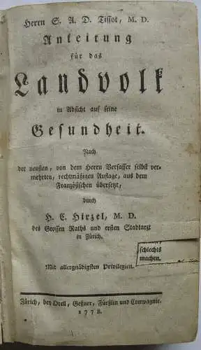 Hirzel Anleitung Gesundheit für das Landvolk Zürich 1778 Pappband 