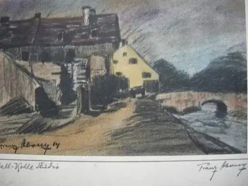 Franz Abony (?) Häuser am Fluss Pastell-Kohle Studie 1914 signiert Wien