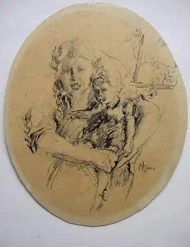 Hermann Groeber (1865-1935) Mutter mit Kind Orig Tuschzeichnung signiert 1900