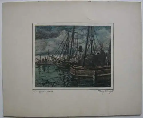 Franz Abony (?) Fischkutter im Hafen Pastell-Kohle Studie 1914 signiert Wien