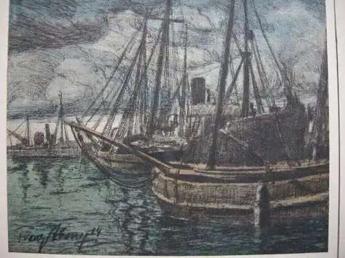 Franz Abony (?) Fischkutter im Hafen Pastell-Kohle Studie 1914 signiert Wien