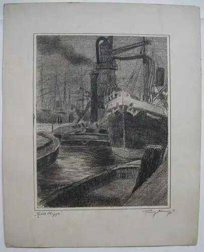 Franz Abony (?) Schiffe im Hafen Kohle Studie 1914 signiert Wien