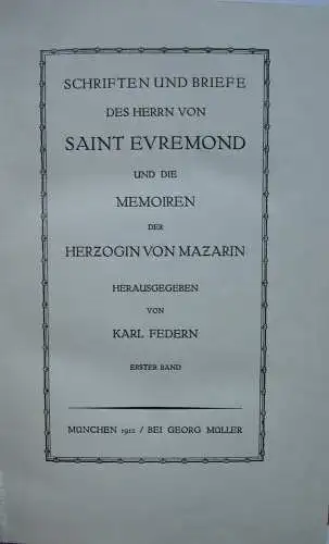 Briefe Evremond memoiren Mazarin Georg Müller  Halbleder 1912 Bibliophilie 2 Bde