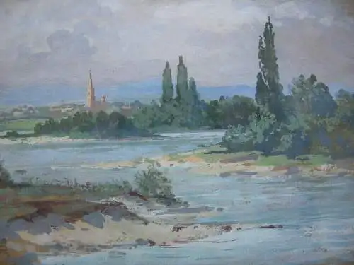 Otto A. Koch (1866-1920) Flusslandschaft Freiburg Orig Gouache 1894 signiert