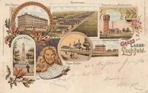 AK Lager Lechfeld Kloster Lazarett Neue Kaserne Litho gel 1900 Schwaben 