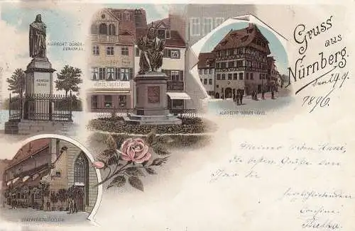 AK Nürnberg Dürer-Haus Denkmal Bratwurstglöcklein Litho Mittelfranken gel 1896