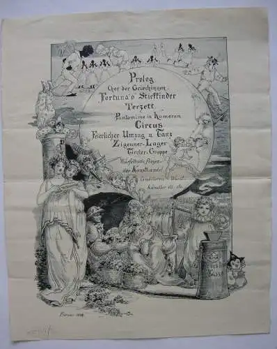 Anschlag Künstler-Kirmes Orig Zinkätzung 1890 Musik Zirkus Buden Jahrmarkt