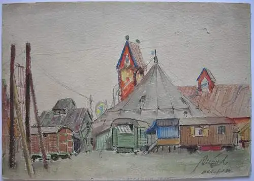 Oktoberfest München 2 Aquarelle 1930 signiert Löwenbräu-Zelt Karussell