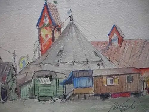 Oktoberfest München 2 Aquarelle 1930 signiert Löwenbräu-Zelt Karussell