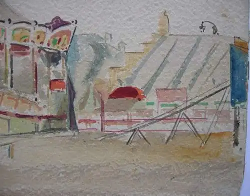 Oktoberfest München 2 Aquarelle 1930 signiert Löwenbräu-Zelt Karussell