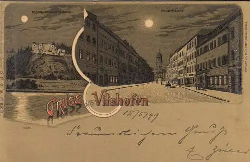 AK Vilshofen Ruine Hauptstraße Stadttor Mondscheinkarte Litho gel 1899 Niederbay