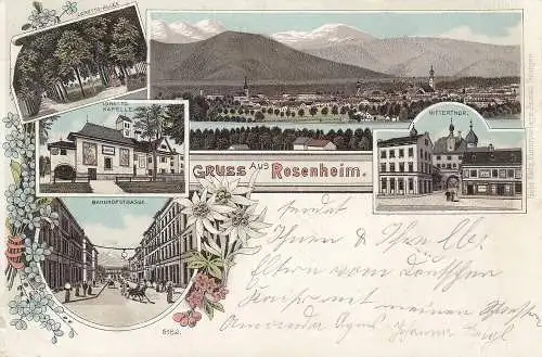 AK Rosenheim Ansicht Loretto-Allee Kapelle Bahnhofstr Mitterthor Litho gel 1898 