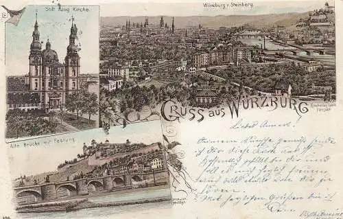 AK Würzburg Unterfranken Ansicht Stift Haug Kirche Festung Litho gel 1898