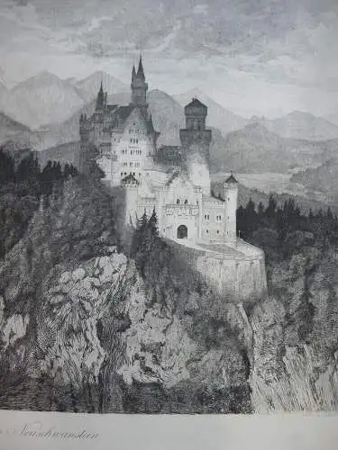 Leo Arndt (1857-1945) Neuschwanstein Orig Radierung 1901 Ludwig II. Allgäu