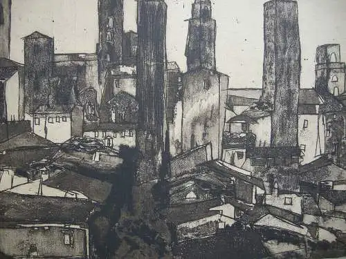 Brigitte Heyduck (1936) St. Gimignano Orig Radierung signiert 1958