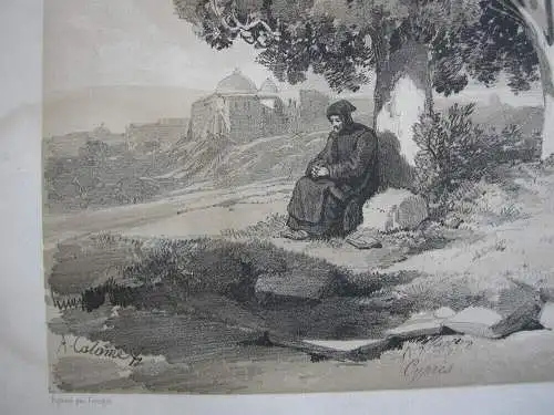 Alexandre Calame (1810-1864) Zypressen Mönch getönte Orig. Lithografie 1850