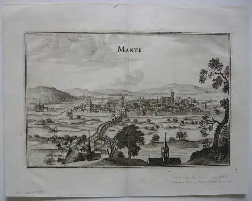Mantes-la-Jolie Ile-de-France Gesamtansicht M. Merian 1646 Orig Kupferstich 