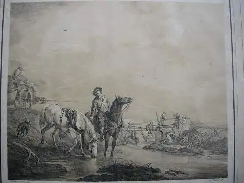 Karl Wilh von Heideck (1788-1861) Pferde am Fluss Lithografie 1818 Wouwerman