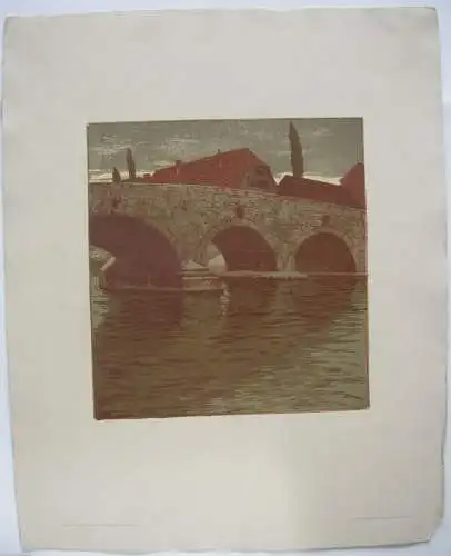 Gustav Bamberger (1860-1936) Haus an der Brücke Lithographie 1910 Jugendstil