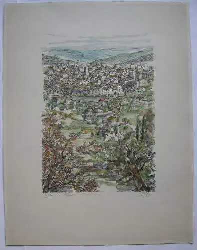 Vence Gesamtansicht France kolor Federlithografie signiert 1977 Provence