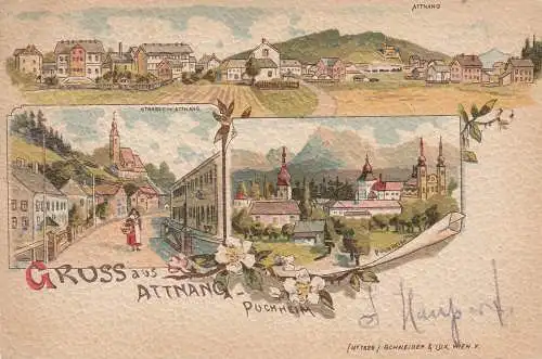 AK Attnang-Puchheim 3 Ansichten Litho gelaufen 1898 Oberösterreich