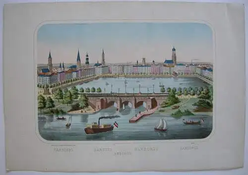 Hamburg Jungfernstieg Lombardsbrücke Binnenalster kolor. Federlithografie 1889