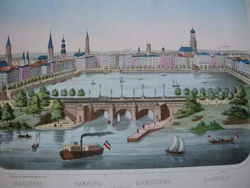 Hamburg Jungfernstieg Lombardsbrücke Binnenalster kolor. Federlithografie 1889