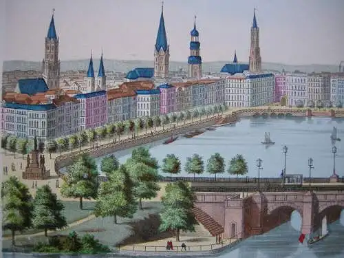 Hamburg Jungfernstieg Lombardsbrücke Binnenalster kolor. Federlithografie 1889