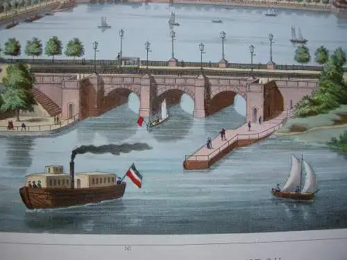 Hamburg Jungfernstieg Lombardsbrücke Binnenalster kolor. Federlithografie 1889