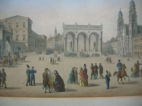 München Odeonsplatz Theatinerkirche Orig Farblithografie Grünwedel 1864