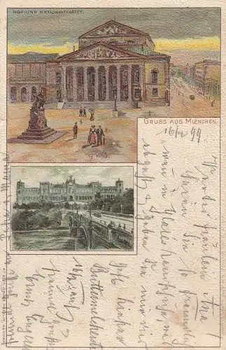 Ak München Nationaltehater Maximilianeum Künstlerkarte Münch Litho gel 1899