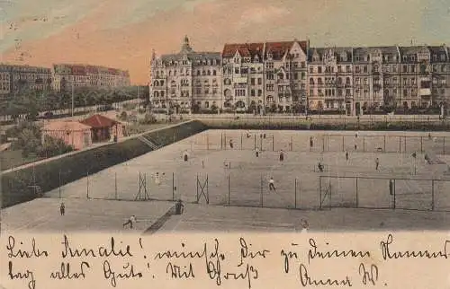AK Mannheim Baden Württemberg Häuserfront Tennisplätze gel 1904 Flaggenstempel