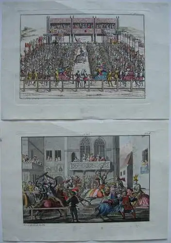 Adelige Ritterspiele 2 kolor Orig. Kupferstich um 1800 Ritterturnier Pferde 