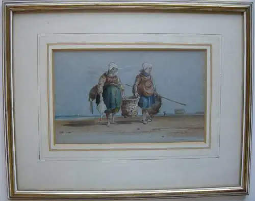 Charles Cooper Henderson (1803-1877) Fischerinnen am Strand Orig Aquarell 1850