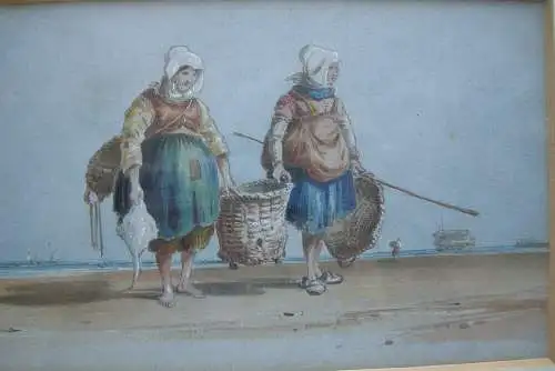 Charles Cooper Henderson (1803-1877) Fischerinnen am Strand Orig Aquarell 1850